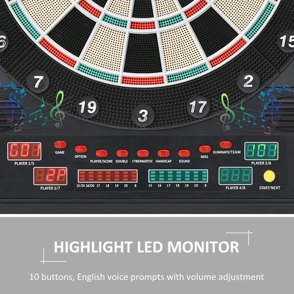 Black electronic dartboard control panel with LED score displays and button row
