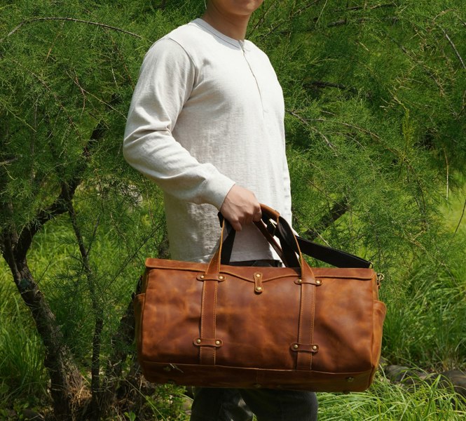 Touribag Stitched Detail Genuine Leather Holdall - Brown