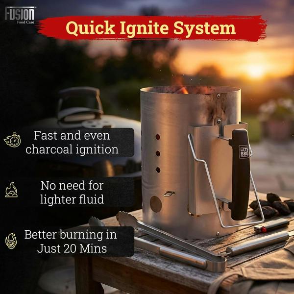 Fusion Food BBQ Coal Starter 19x27cm, Heavy-Duty Steel Charcoal Chimney Starter, Heat-Insulated Handle, Fast 20-Minute Ignition