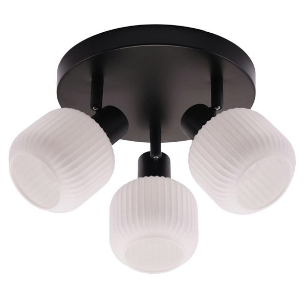 Modern Designer Matte Black Spot Ceiling Light with White Ribbed Glass Shades Image 1