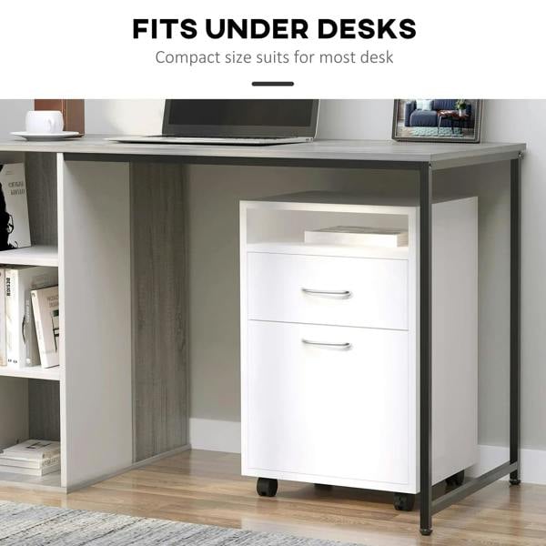 White filing cabinet with two drawers and metal handles, rolling casters under desk