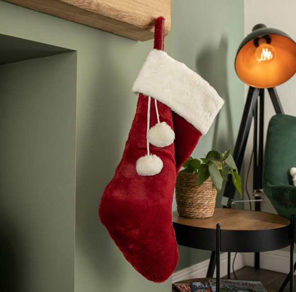 Samuel Alexander 60cm Red Christmas Stocking with White Cuff and Pom Poms