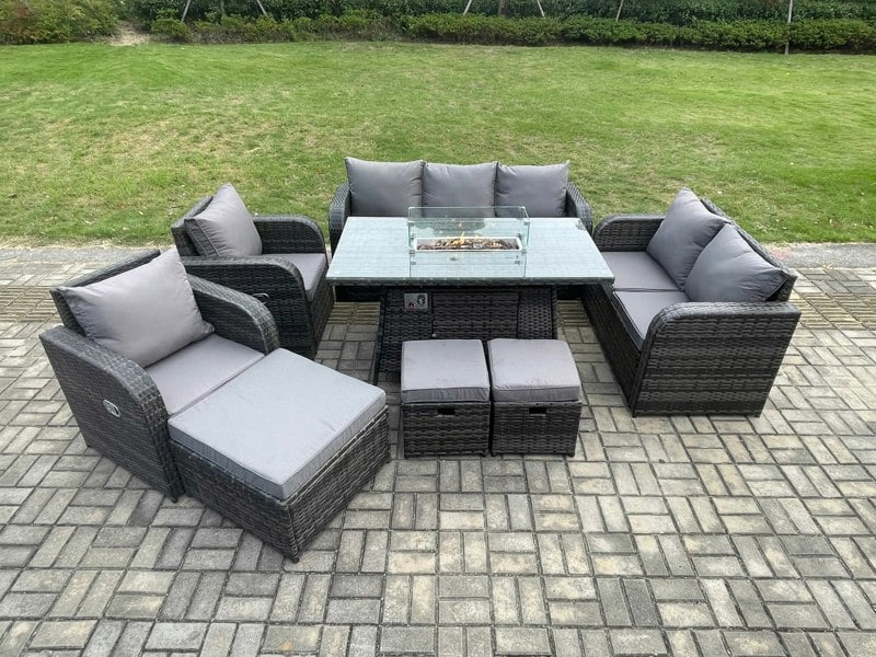 Fimous Rattan Outdoor Garden Furniture Set with Gas Fire Pit Table, 2 Sofas, 2 Chairs, 3 Footstools - 10 Seater - Dark Grey