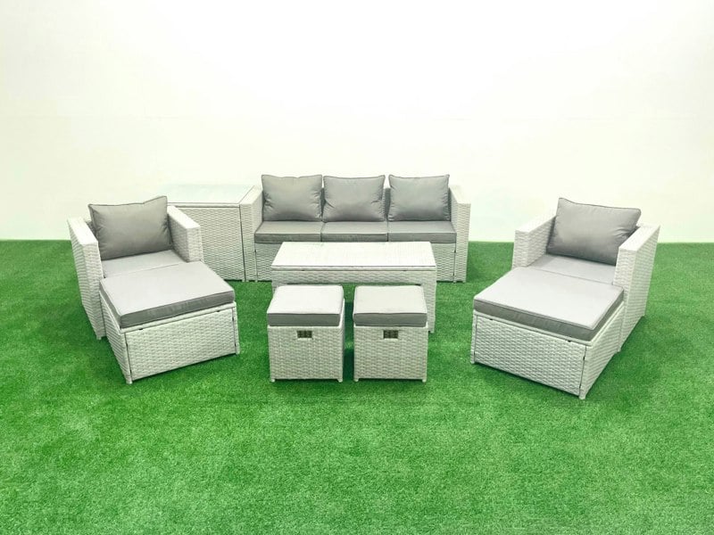 Fimous Outdoor Rattan Garden Furniture Set with Grey Cushions Luxury 9 Seater with 2 Chairs and Coffee Table For Conservatory,Patio