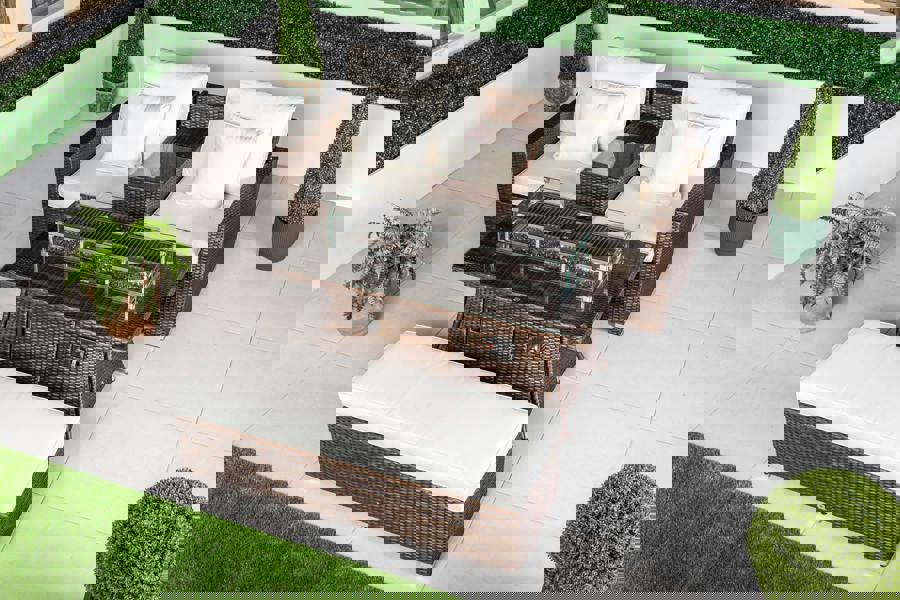 Giardino Havana 2 Seat Modular Sofa Rattan Garden Balcony Furniture Set Outdoor Drinks Cooler Table, Fire Pit Coffee Table & Bench