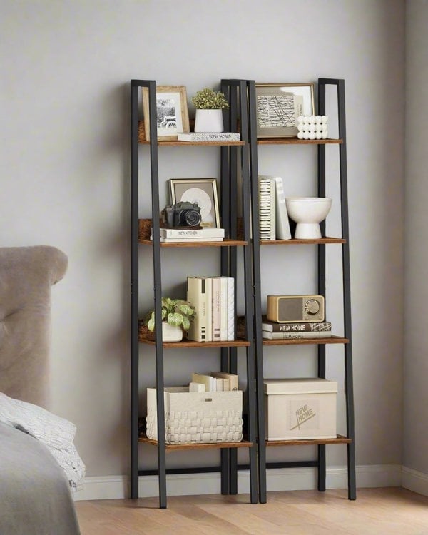 Modcraft Industrial 4-Tier Ladder Shelf, Rustic Brown & Black Bookcase for Living Room or Office