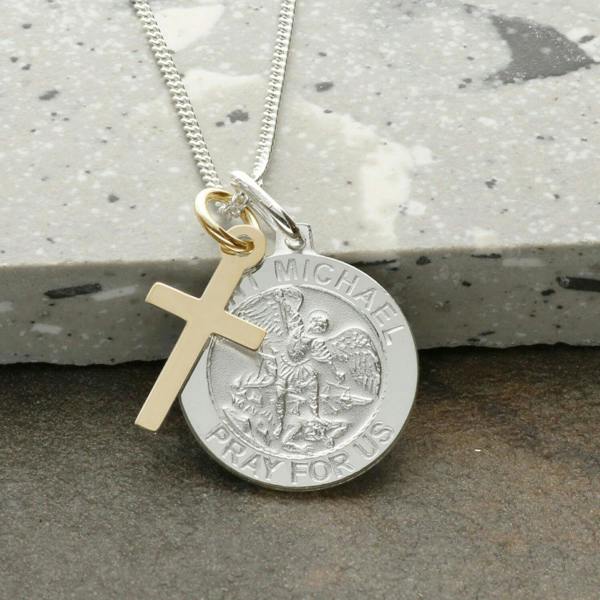 Christopher James of London Sterling Silver St Michael Medal With 9ct Yellow Gold Plated Cross, Optional Engraving and Chain