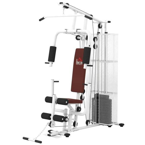 White home gym weight station with cable tower, lat pull bar, and padded workout stations