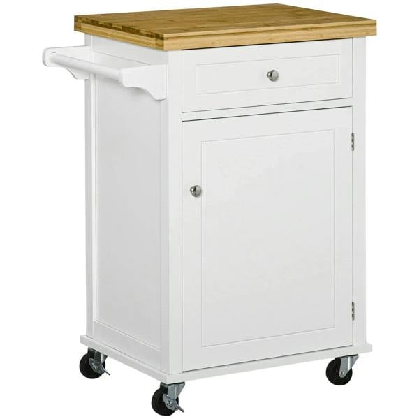 White kitchen storage cart with bamboo top, drawer, and cabinet doors on caster wheels
