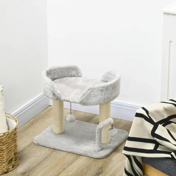 Light grey indoor cat tree with rounded plush top, sisal posts, and hanging toy ball