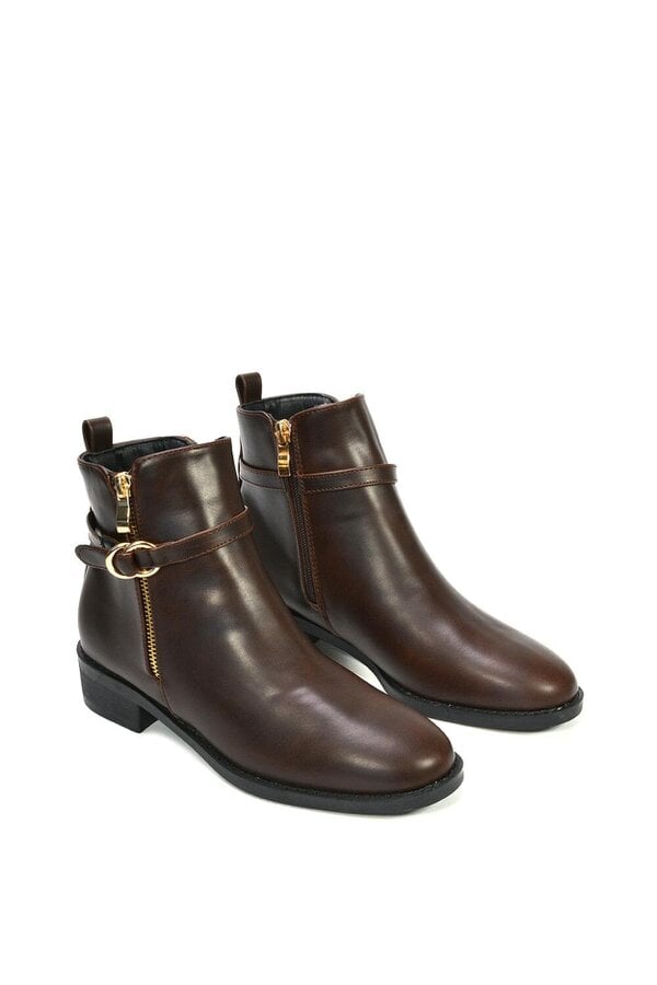 XY LONDON Flat Low Heel Ankle Booties With Decorative Buckle and Zip
