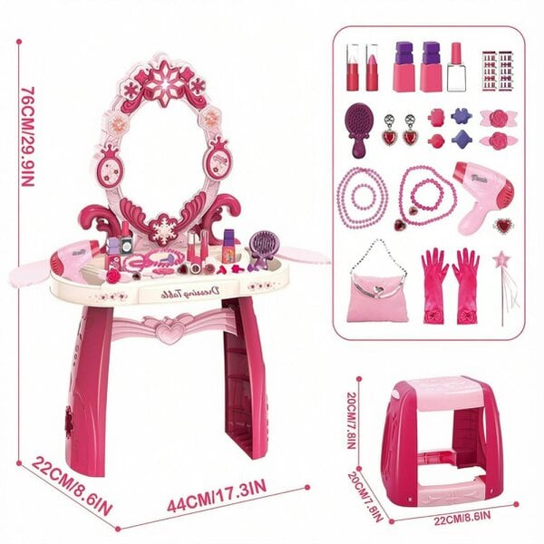 deAO Toys Childrens Dressing Table Play Set Vanity Table with Chair, Jewellery Stand, Brushes & Accessories Portable Carrycase