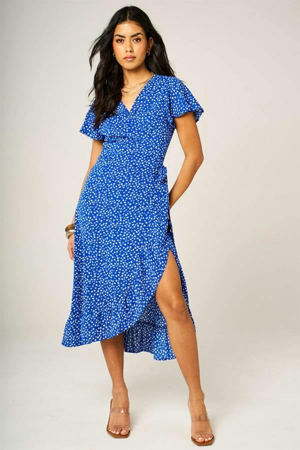 FS Collection Hem Frill Detail Little Floral Print Wrap Dress In Blue