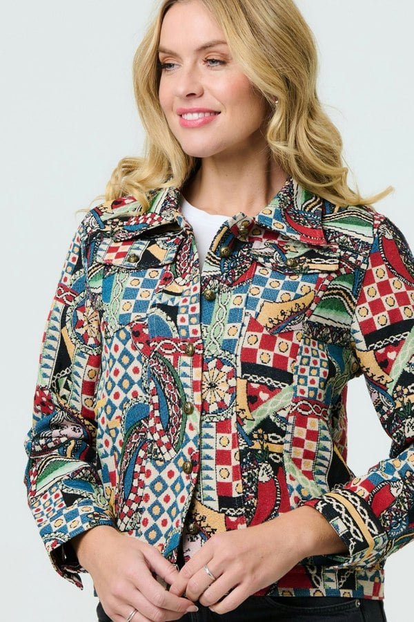 Red | Abstract Print Cropped Collared Jacket
