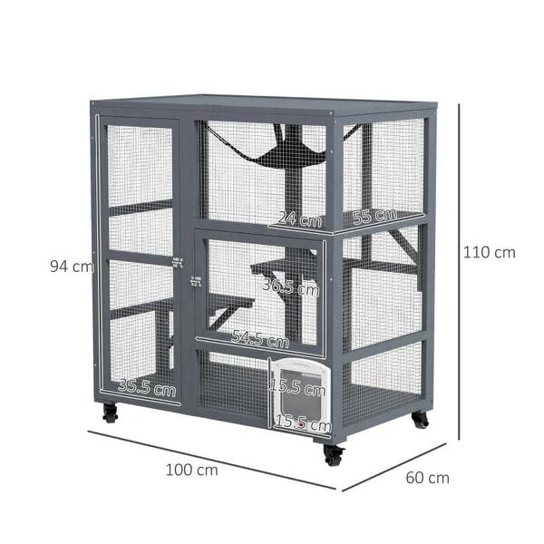 Cat House, Wooden Indoor Catio Cat Enclosure on Wheels, Wooden Kitty Cage with Platforms, Hammock, Light Grey