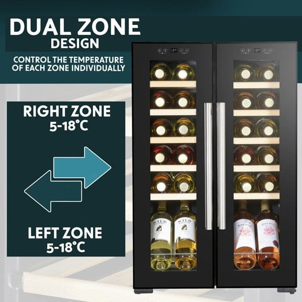 24 Bottle Dual Zone Freestanding Wine Cooler Fridge - LED Backlit BLACK & GLASS - LoopsDirect