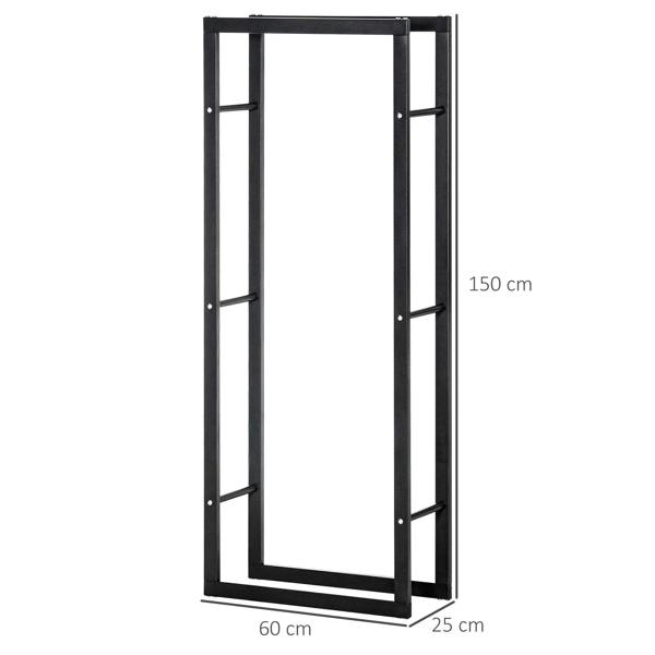 Black metal log rack measuring 60 x 25 x 150 cm, open frame with bars.