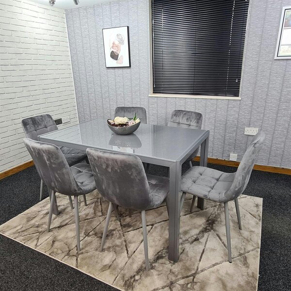 Kosy Koala Modern Rectangle Grey Glass Dining Table Set With 6 Grey Velvet Chairs Dining Room Furniture