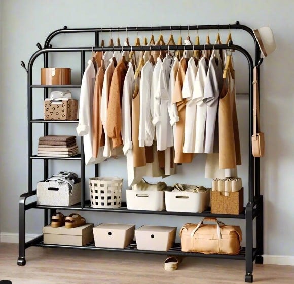 Modcraft Black Heavy Duty Double Clothes Rail with Wheels – Garment Hanging Rack & Storage Shelf