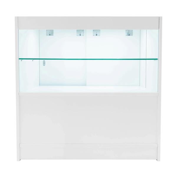 White Phoenix LED shop counter set featuring a sleek design, glass shelves, and integrated lighting for optimal product display