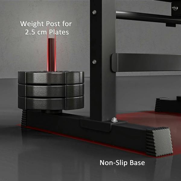 Black weight bench base with steel weight post and non-slip foot