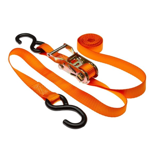 Durable orange ratchet tie-down strap with metal hooks, designed for securing loads on the T-Mech Foldable Motorbike Ramp