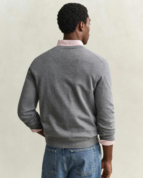 GANT Mens Classic Cotton Shield Logo V - Neck Jumper - 92 Dark Grey Melange | CHO | Designer Mens V - Neck Jumpers