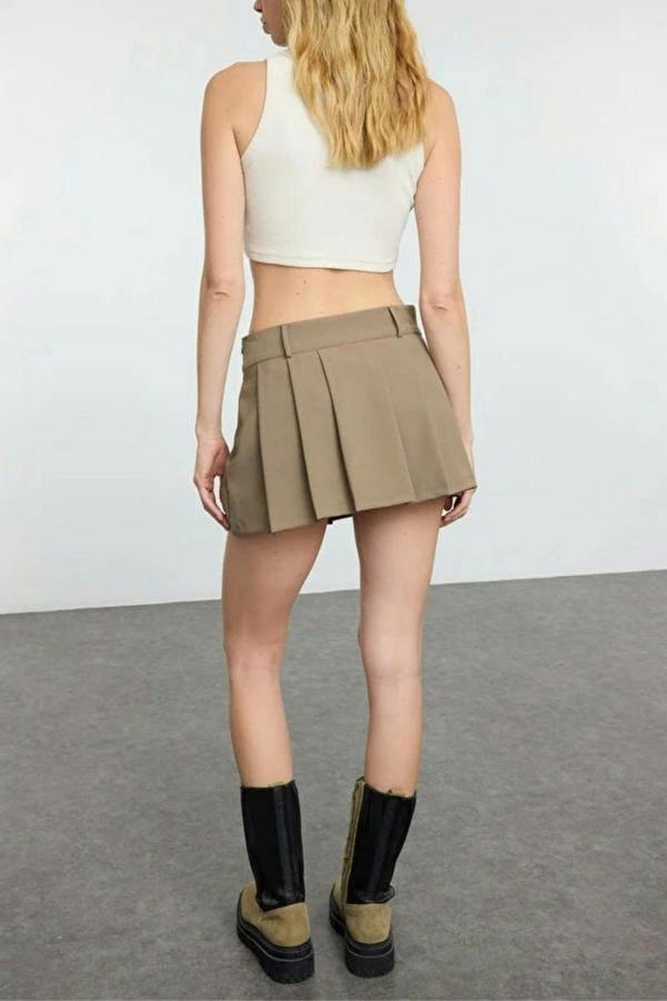WOVCOR Pleated Mid Waist Super Mini Woven Shorts Skirt
