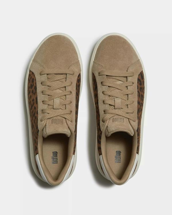 FitFlop Womens RTG Suede Leopard Lace Up Trainers - Cappuccino 923 | CHO | Designer Womens Trainers
