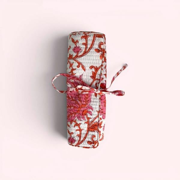 Hayley & Co Cotton Jewellery Roll - Coral Pink and White Floral