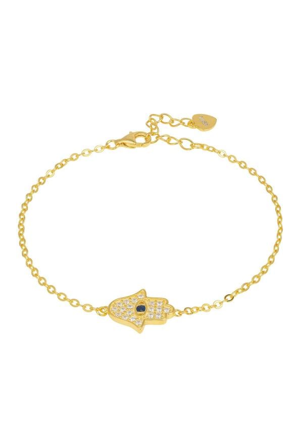 Gold bracelet with a hamsa hand charm on a white background