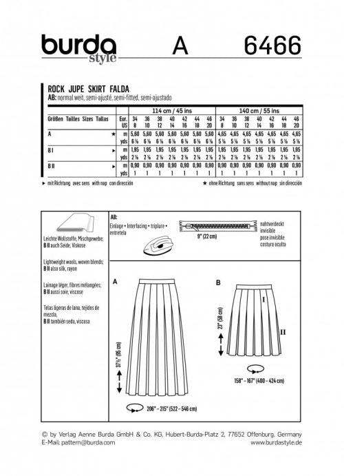 Burda Sewing Pattern 6466 Skirts For Women, 8 to 20 - Intermediate