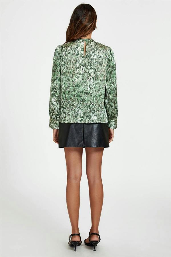 FS Collection Animal Print Satin Long Sleeve High Neck Top In Green