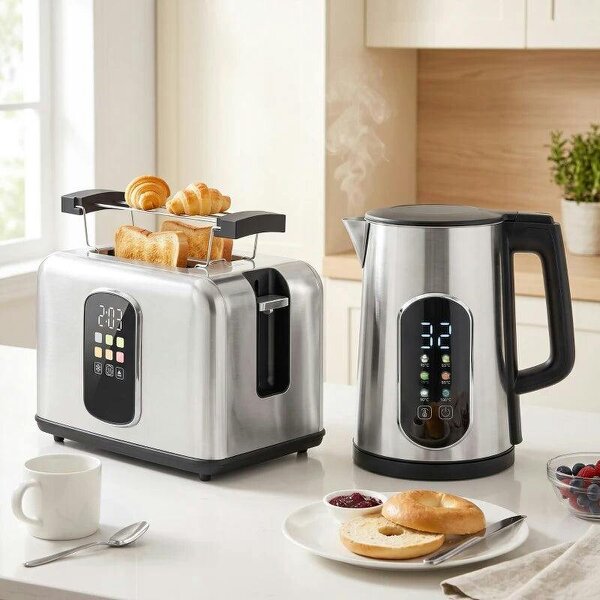 Kettle and Toaster Set with LED Touch Screen, Kettle with Strix Thermostat, 2 Slice Toaster w/ 6 Browning Levels, Silver