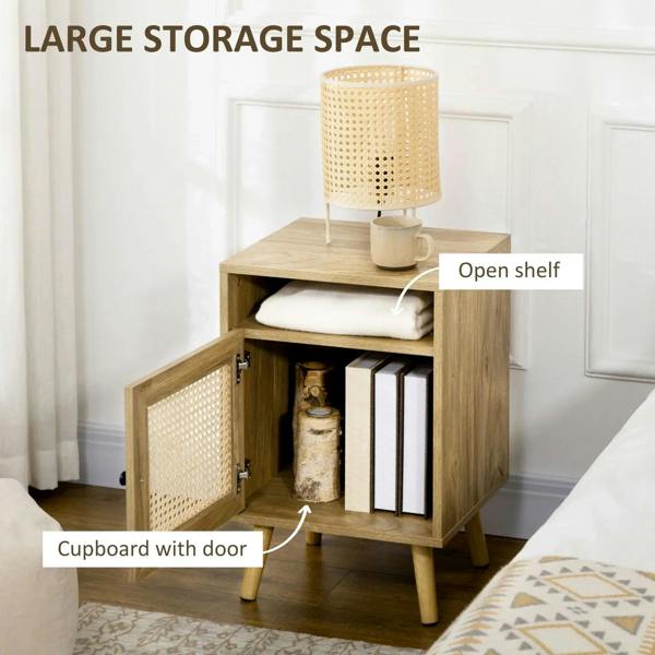 Natural wood bedside table with open shelf and cupboard door, rattan panels, black knob