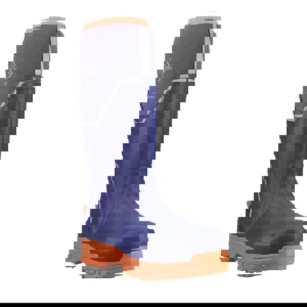 Muck Boots MUCK Boots GRIT S5 Mens Tall Safety Composite Toe/Midsole Wellie, a tall blue safety wellie with orange sole and toe cap with reflective strip and protective features.