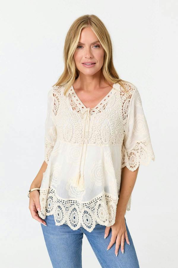 Ivory | Crochet Texture Tassel Front Boho Blouse