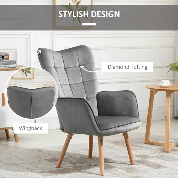 Grey wingback accent chair with diamond tufted backrest and wooden legs