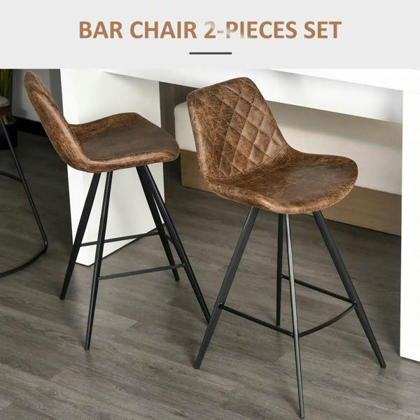 Set of 2 brown quilted padded bar stools with arched seats and black steel frames