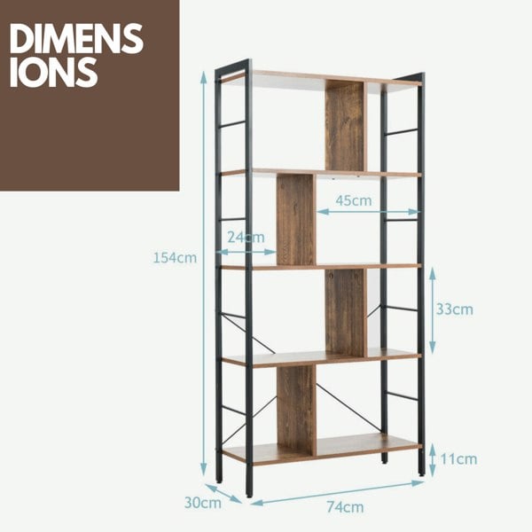 Rafaelo Mobilia 154CM Tall 5 Tier Bookcase With Metal Frame