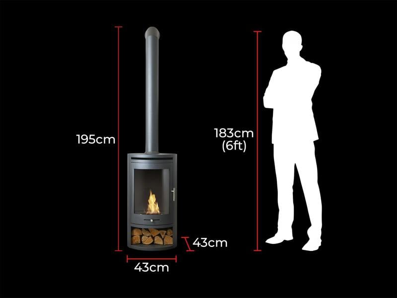 OKO S5 Bio Ethanol Cylinder Stove with Log Storage in Charcoal Grey & Extra Tall Angled Metal Stove Pipe