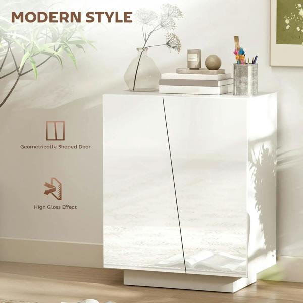 White high-gloss cabinet with geometric door fronts and two-door design
