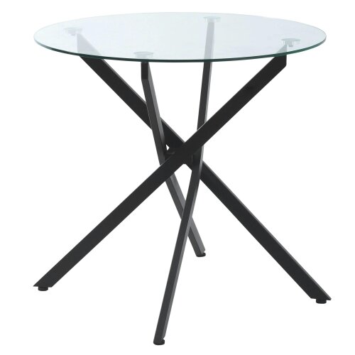 Wyld Haus Bama Metal Black Round Glass Dining Table With Clear Tempered Top For Living And Dining Rooms