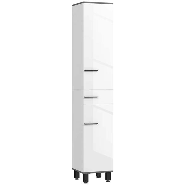 Slim white bathroom storage cabinet with three drawers and metal feet