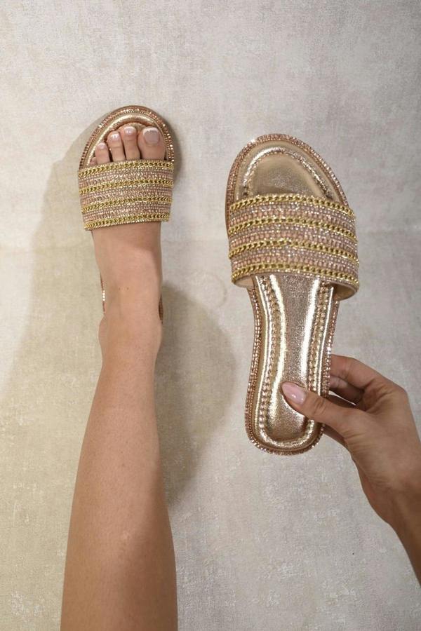 Melinda Open Toe Embellished Flat Sandals - Champagne