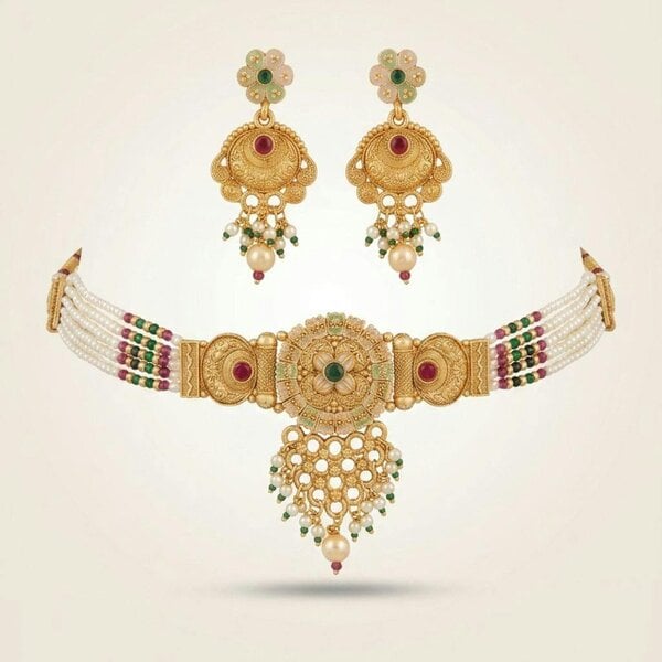 The Colourful Aura 18k Gold Plated Kundan Choker Necklace Set with Earrings