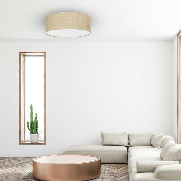 Milagro Marshall Hand Made Designer Ceiling Lamp In Matt White Metal And Natural Rattan Coloured Fabric