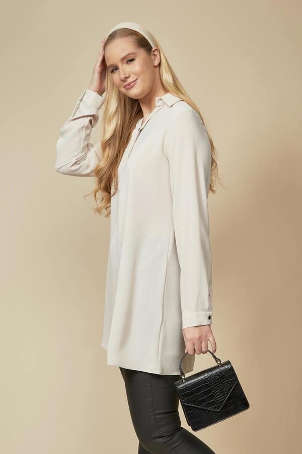 Hoxton Gal Tunic Shirt with Button Details in Beige