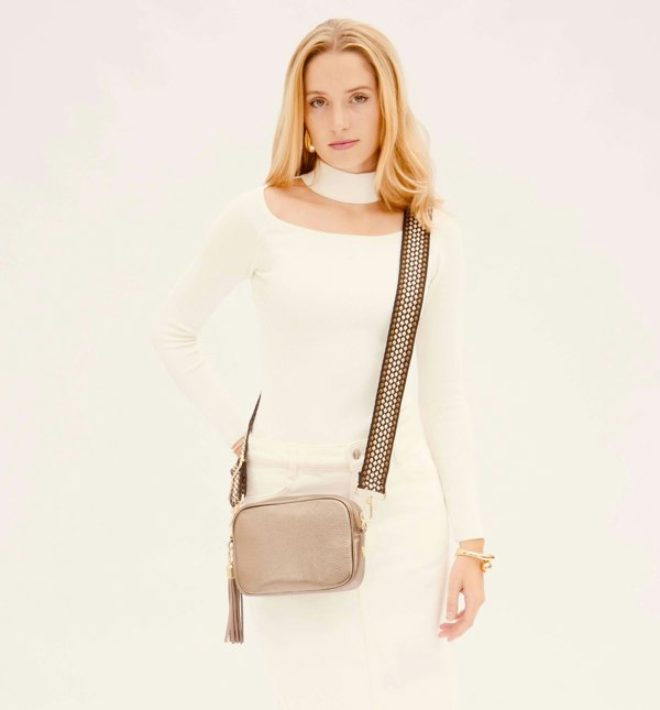 Apatchy London The Tassel Bronze Leather Crossbody Bag with Cappuccino Dots Strap