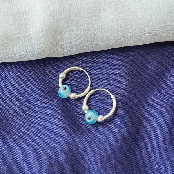 The Colourful Aura Evil Eye Silver Bali Asian Tiny Lightweight Hoop Earring